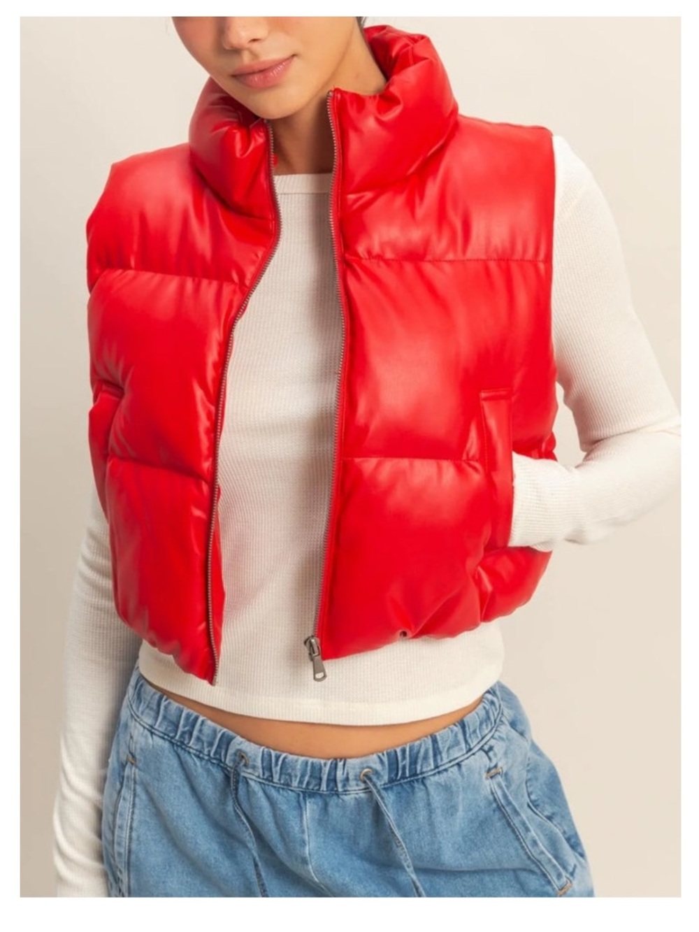🟤NWT DOUBLE ZERO Faux Leather Cropped Puffer Vest in Red